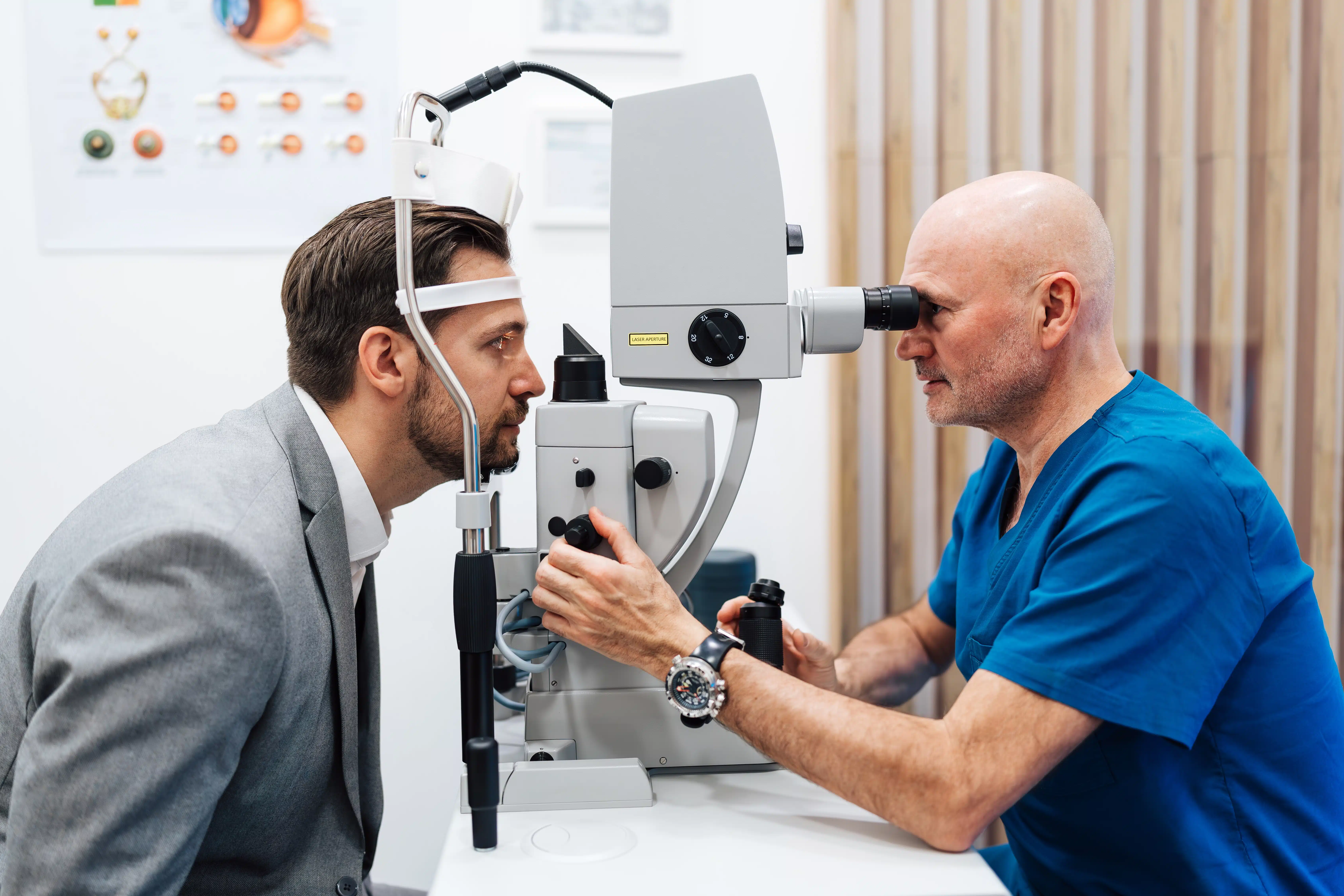 Attractive,Male,Doctor,Ophthalmologist,Is,Checking,The,Eye,Vision,Of